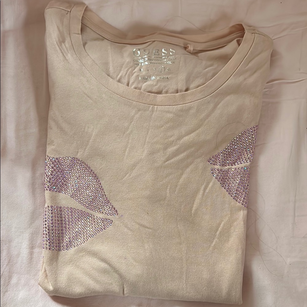 Guess Women's Cream Top with Embellished Lips